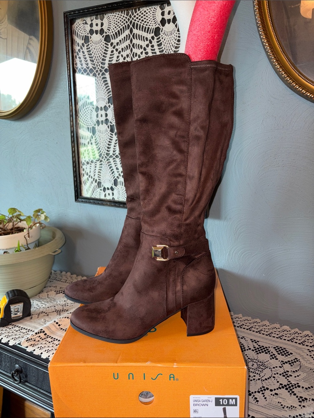 Unisa Dark Brown Suede Mid-Calf Block Heel Boots with Buckle
